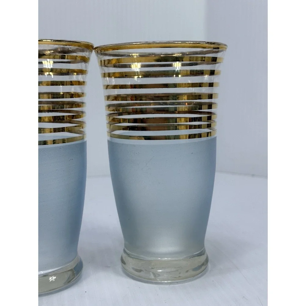 Mid Century Modern MCM Frosted Glass Turquoise Blue Gold Stripe SET 5